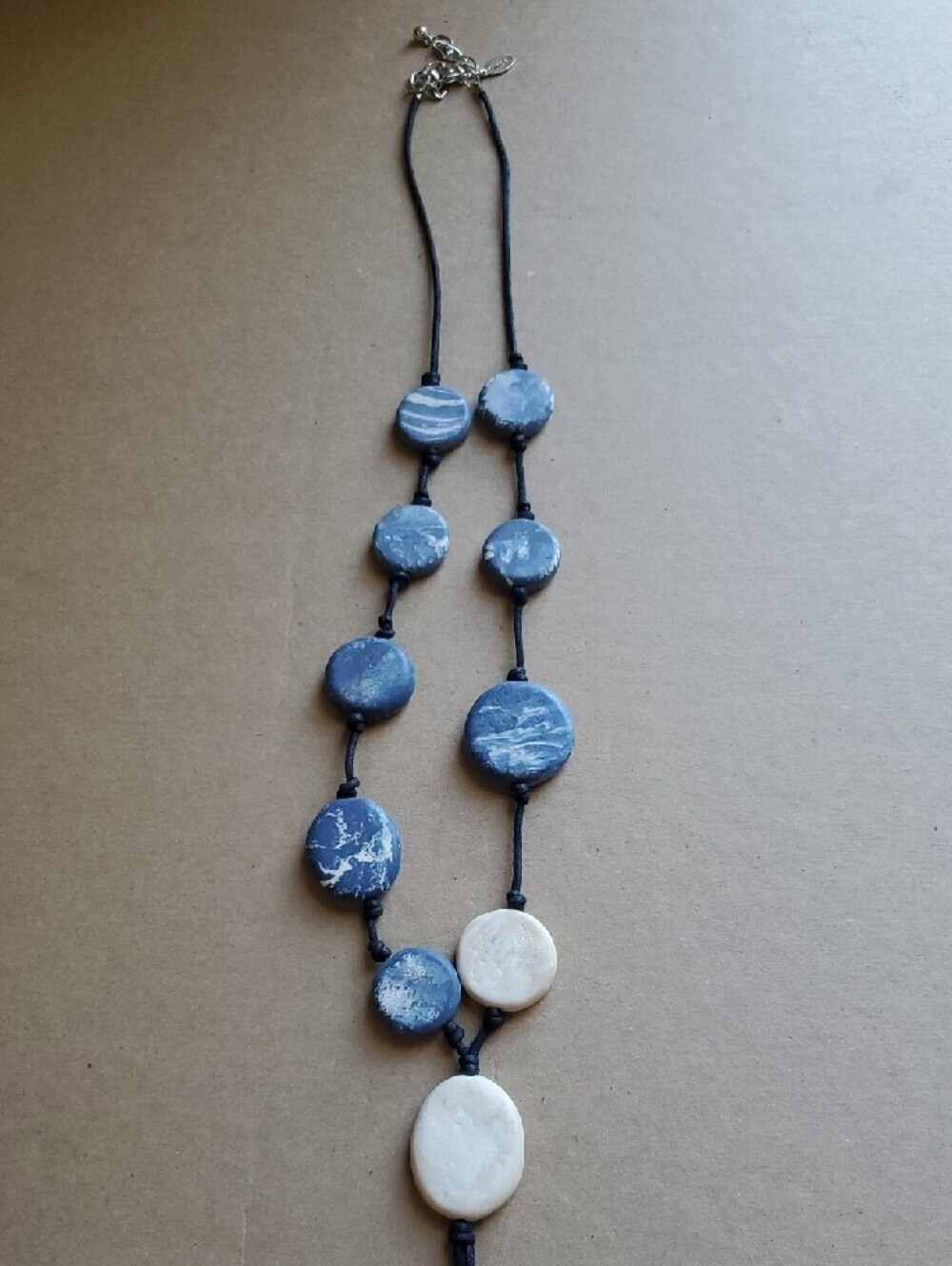 Handmade Navy Blue and Cream Disc Pendant Necklace - Picture 5 of 9